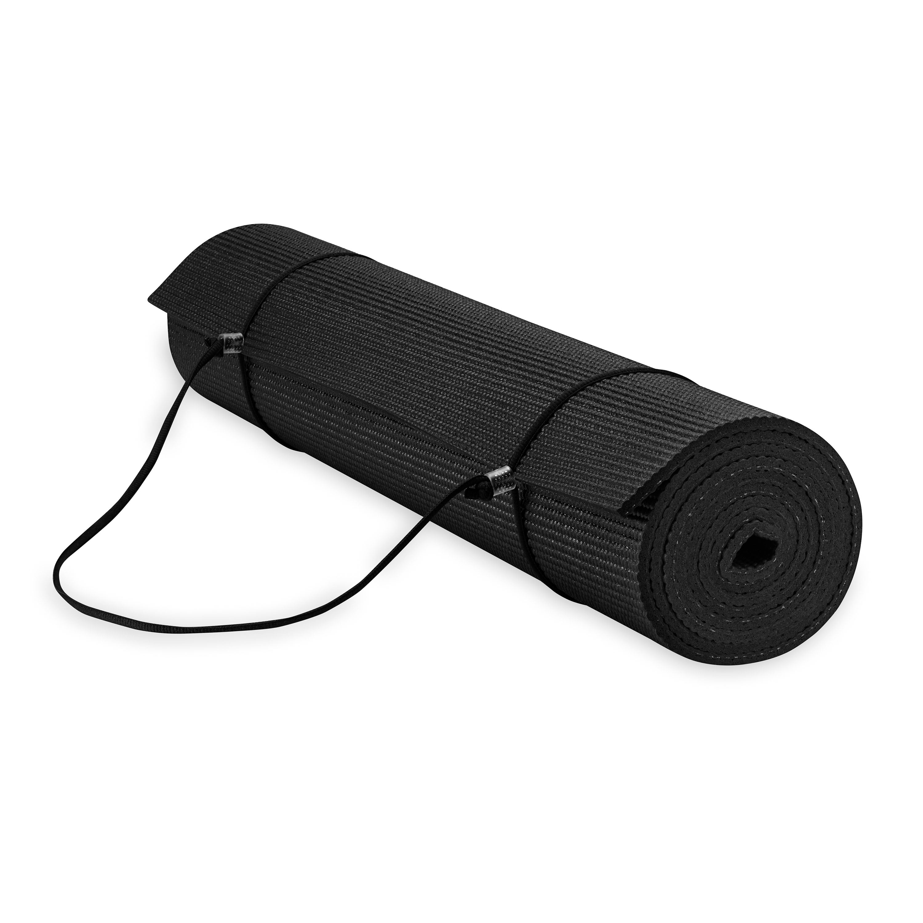 Gaiam Essentials Yoga Mat Black rolled up with sling